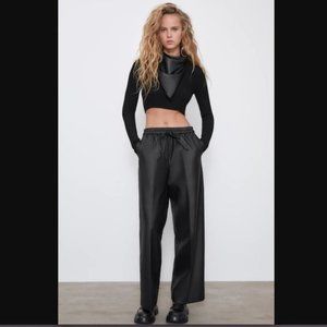 ZARA • Wide Leg Waxed Effect Black Drawstring Trouser Pants